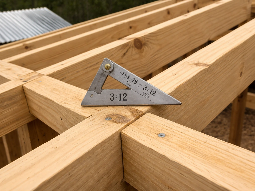 Small pitch gauge on roof framing showing a 3:12 rise over run for corrugated metal panels.