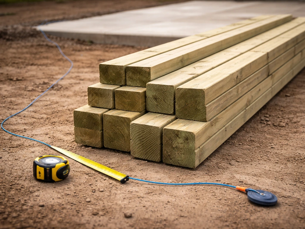 Pressure-treated patio-cover framing lumber stack with tape measure and chalk line layout on the ground.