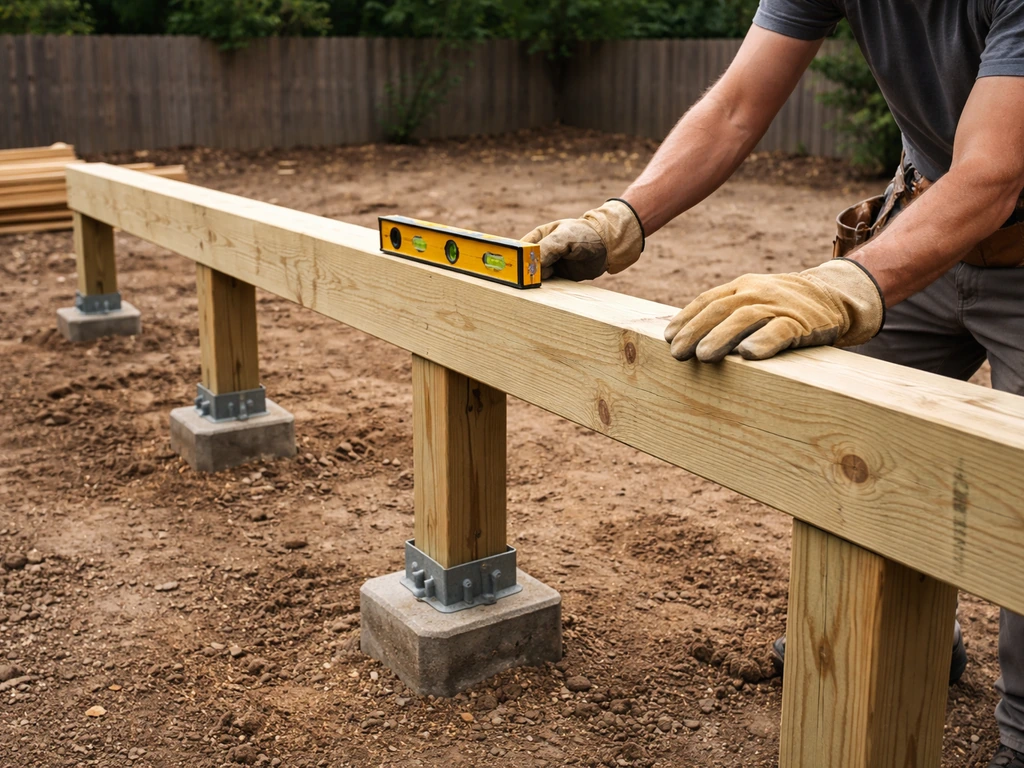 Construction worker using a level to align a main beam on set deck posts before metal installation