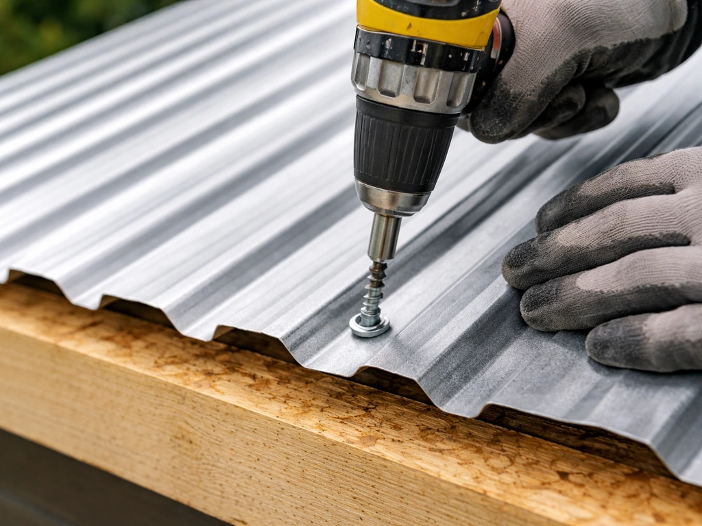 Gloved hands fastening a corrugated metal roof panel with a self-drilling screw using an adjustable clutch drill.