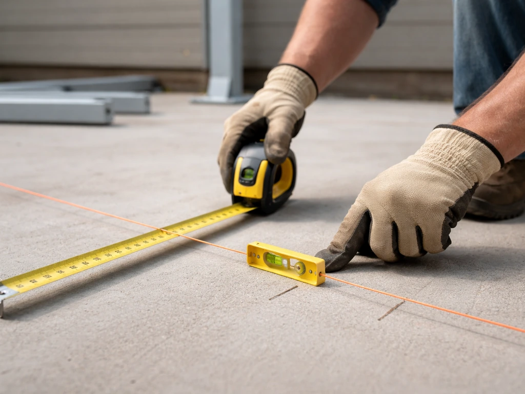 Contractor measuring patio cover grid with level and string lines on concrete slab