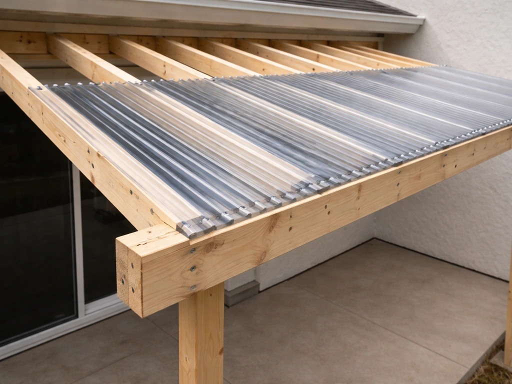 Lean-to patio cover during installation with rafters, roof panels, and slight slope for drainage