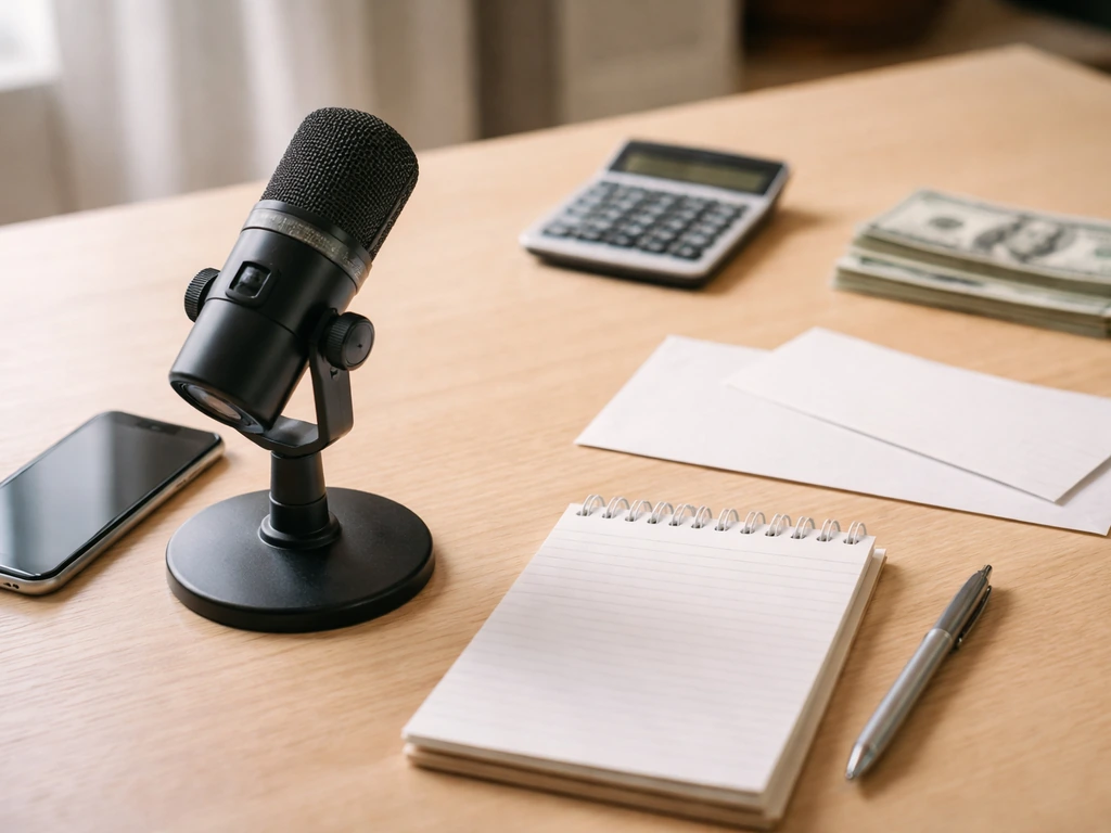 Close-up of a smartphone beside studio microphone and cash, with a simple calculator on a desk
