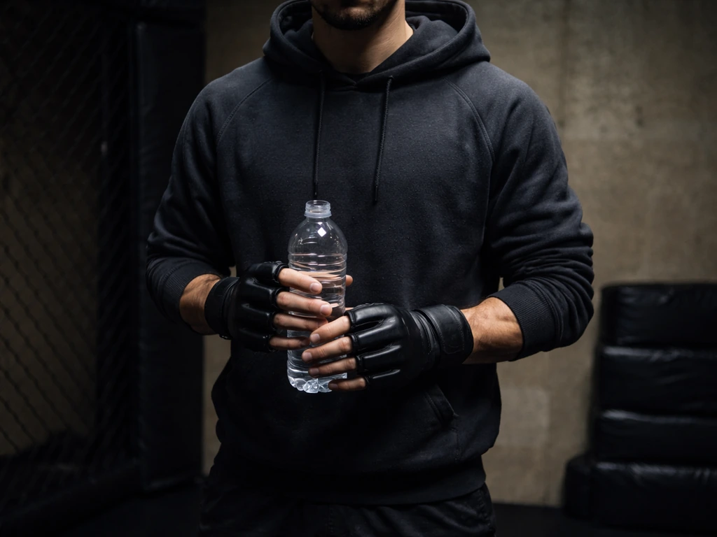 An MMA fighter in dark gear stands in a quiet gym by a blurred cage wall.