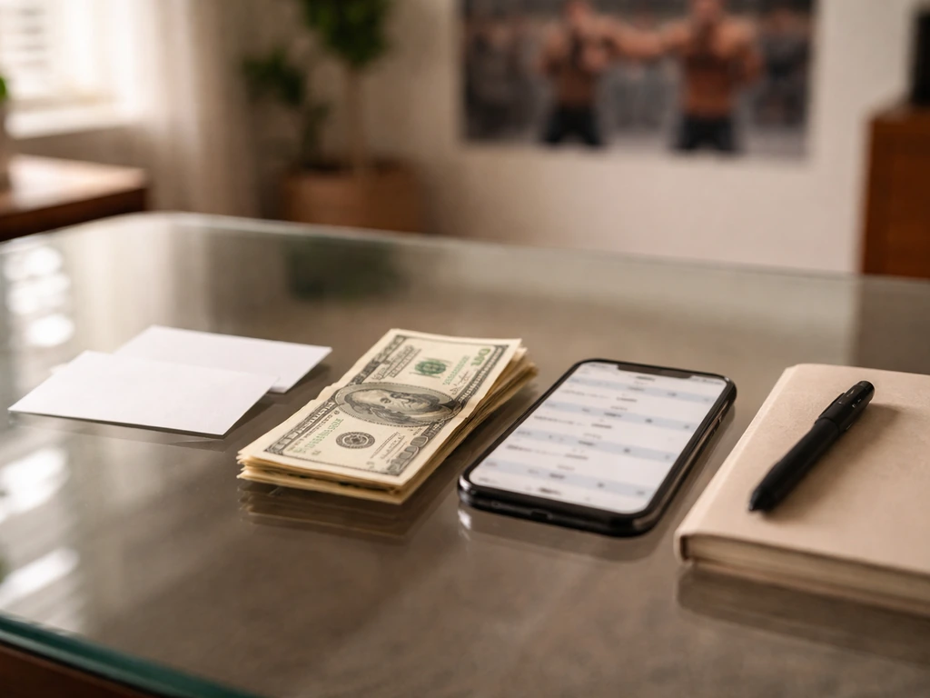 Minimal home office desk with money and a blurred timeline-like phone screen, suggesting career earnings.