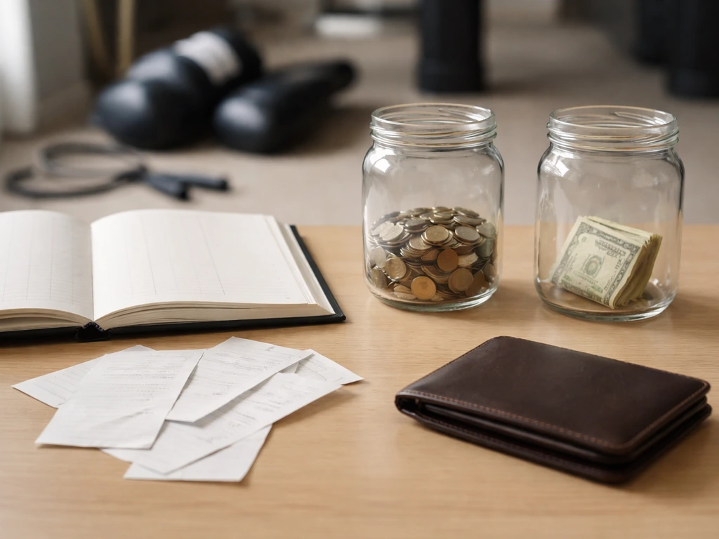 Minimal desk scene with receipts and two jars of money symbolizing income vs expenses.