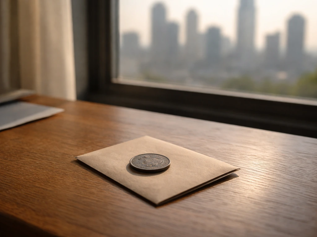 Minimal close-up of an old coin and a modern city skyline through a window, symbolizing past value to today’s money.