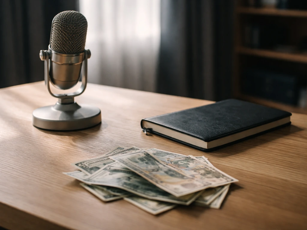 Minimal studio desk with a vintage microphone and scattered cash, symbolizing separate net worth at death.