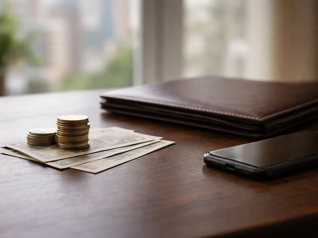 Minimal desk scene with coins and banknotes symbolizing a $3M–$6M net worth range