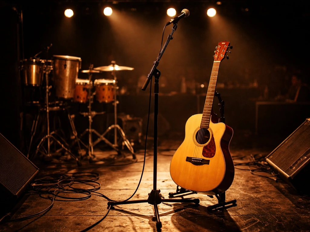 Warm-lit bachata band instruments on a small stage, cables on the floor, touring live performance mood.