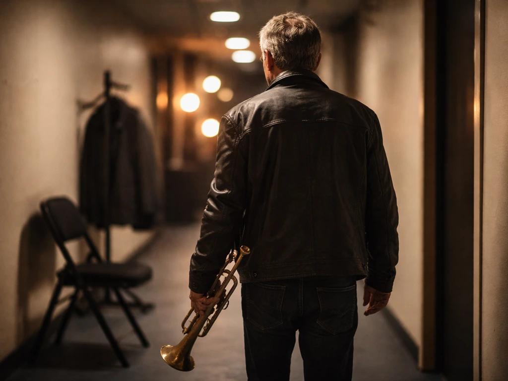 Anonymous older man holding a vintage trumpet in a quiet, warm backstage corridor.