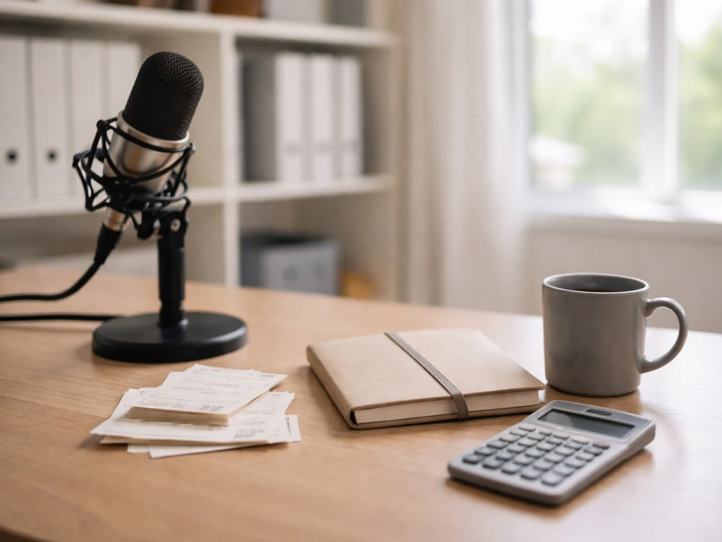 Minimal studio desk with a microphone, receipts, and a calculator suggesting public-forecast net worth methodology.