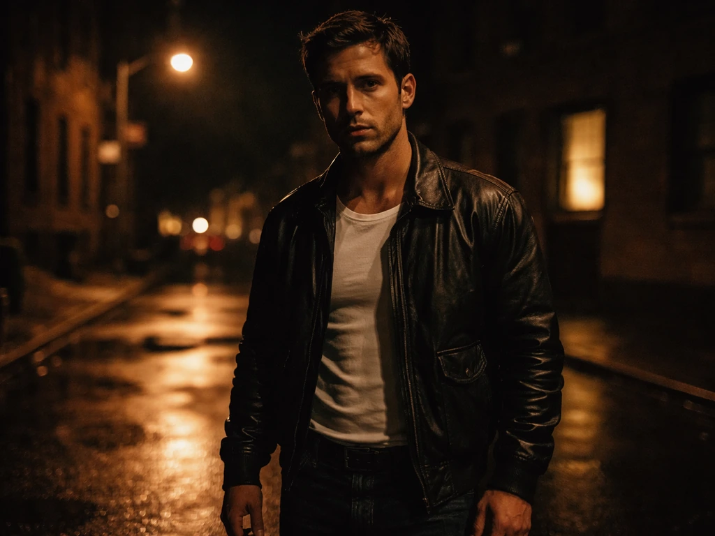 Gritty 1980s night street scene with a lone man in shadow, cinematic crime-film mood and wet pavement reflections.