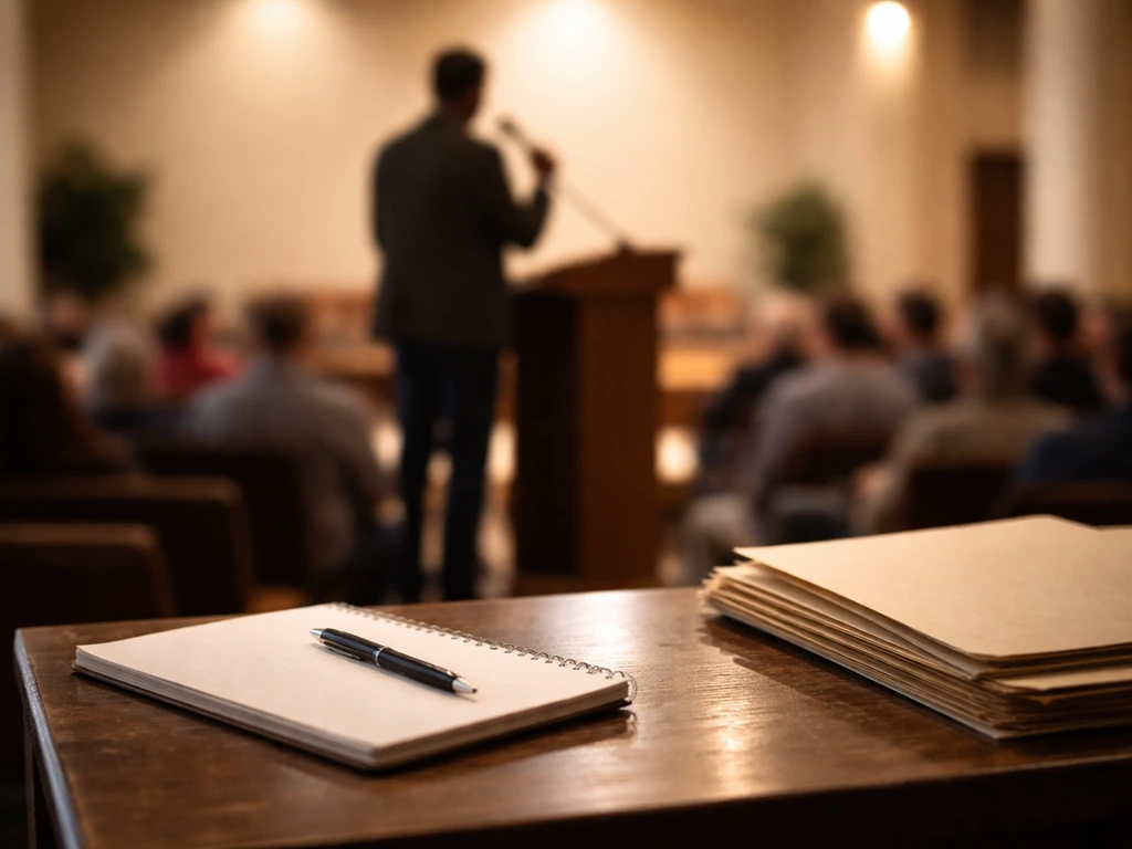 Anonymous speaker at a podium with microphone in a community hall, implying early ministry and public outreach.