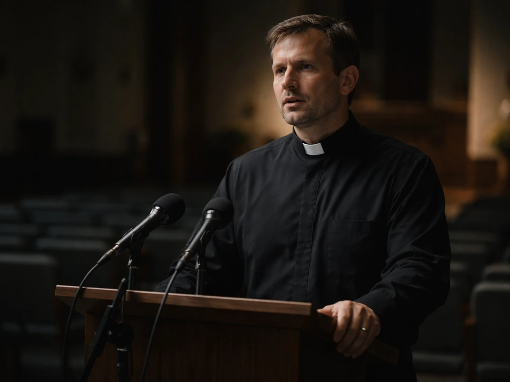 Anonymous priest at a small press podium addressing microphones in a dim church hall, 2010s-style political statement
