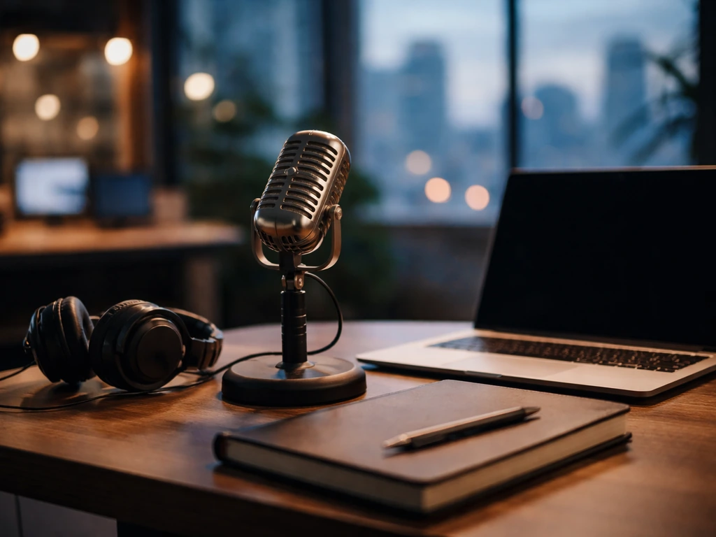 Minimal film studio desk with microphone and headphones, city skyline bokeh suggesting media success
