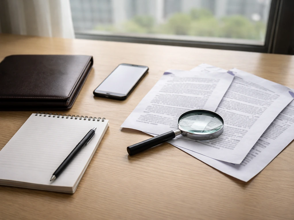 Minimal desk scene with magnifying glass and mixed documents suggesting comparing different net-worth sources.