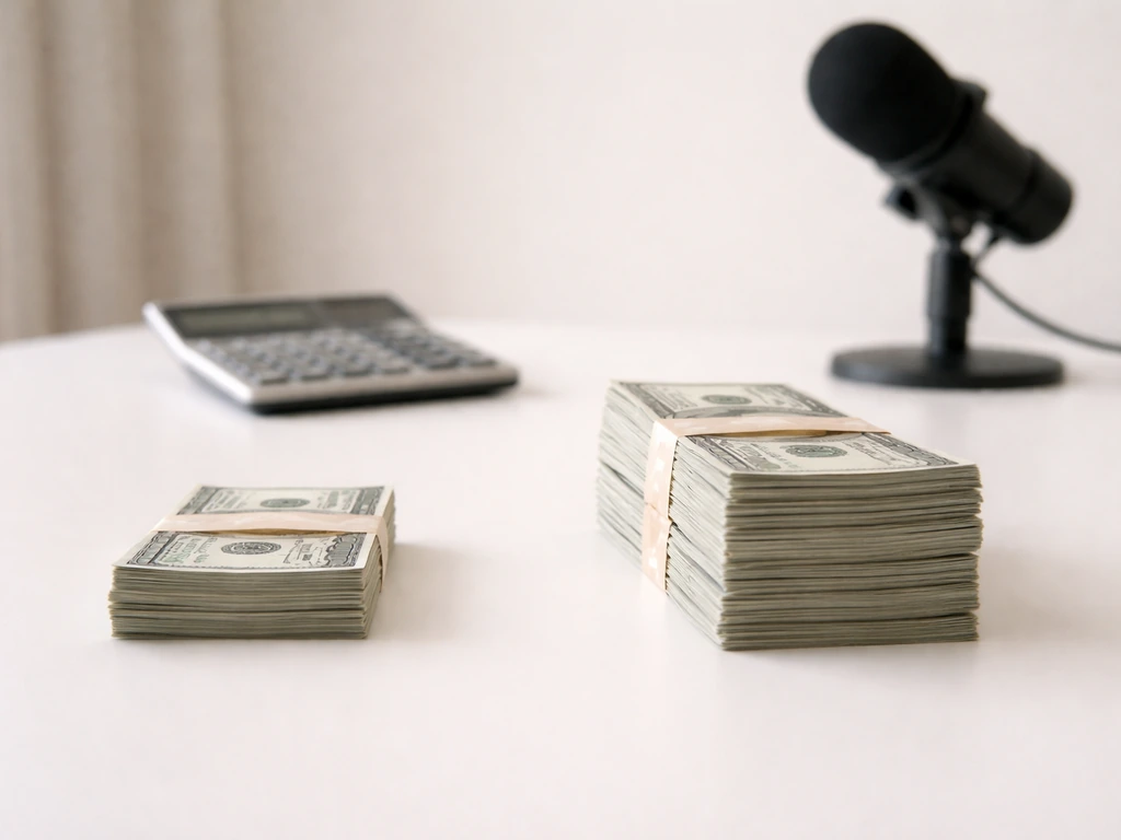 Two cash stacks of different sizes on a desk with a calculator and studio microphone in soft focus background.