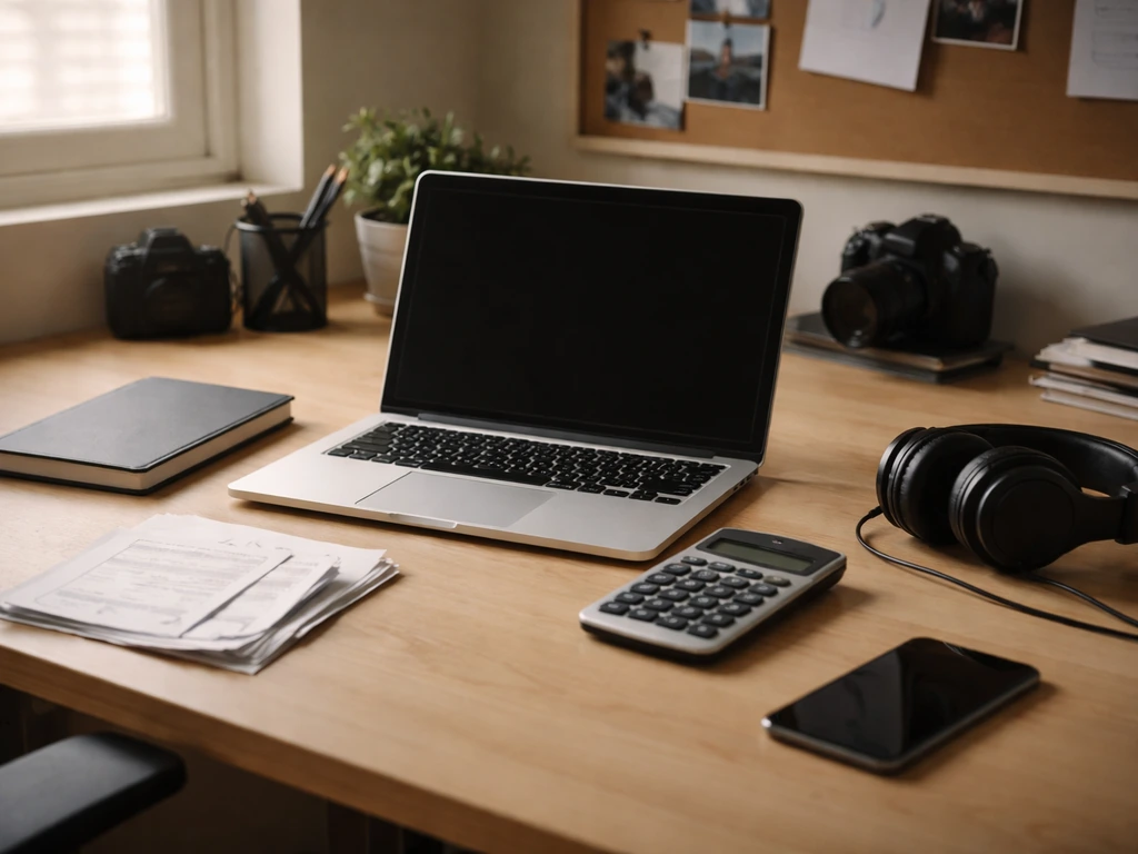 Minimal photo of an open laptop with loose call sheets and a calculator, symbolizing public-signal net worth estimation.