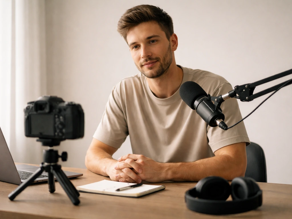 Anonymous male creator at a home desk with a camera and microphone, suggesting a TikTok/YouTube identity check.