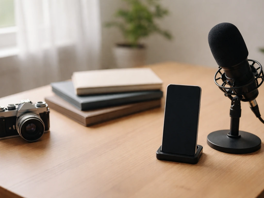 Minimal media-work desk scene with camera, phone, microphone, and three stacked folders suggesting progress.