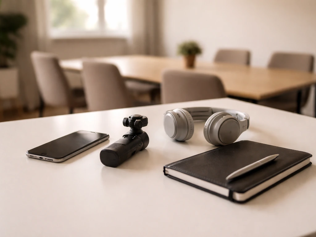 Close-up of a creator’s desk with a smartphone, camera, and neatly arranged brand-meeting essentials