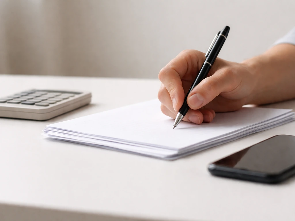 Close-up of a person’s hand reviewing documents with a calculator and pen on a desk