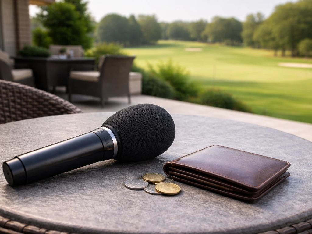 Golf clubhouse and broadcast-style microphone with a blurred PGA Tour green course backdrop