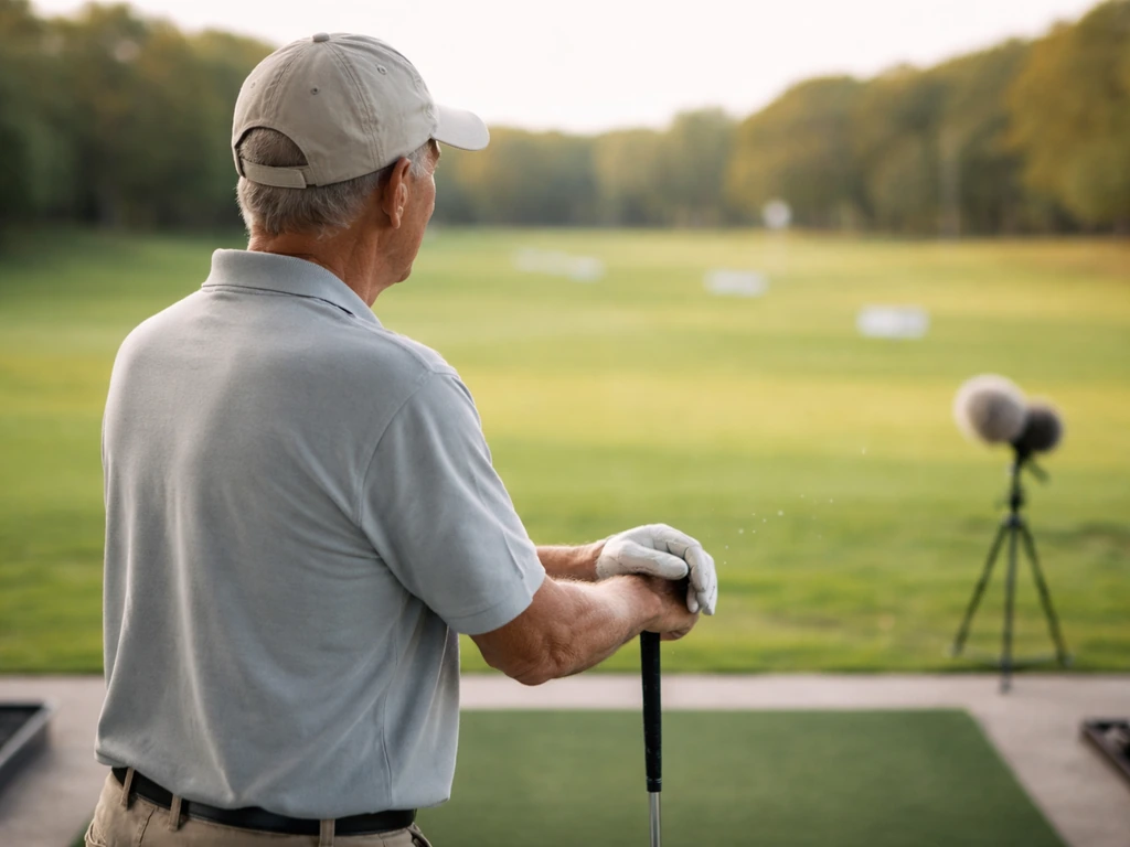 Golf golfer at a driving range with a broadcast microphone stand nearby, suggesting PGA Tour coverage.