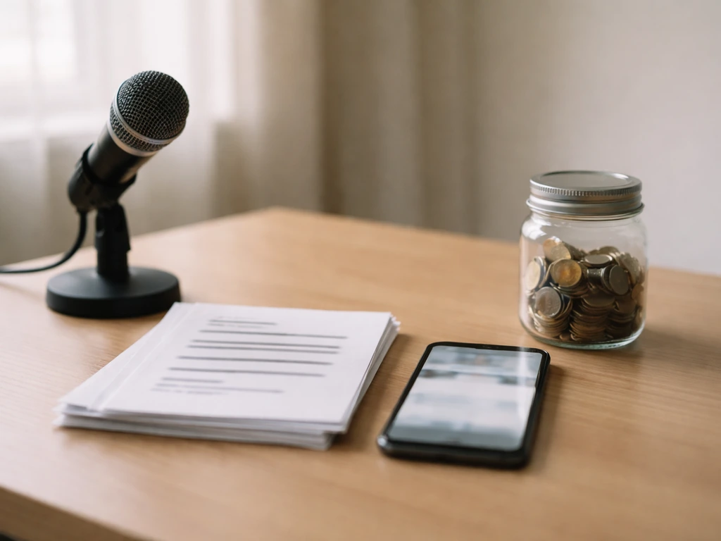 Minimal desk scene with redacted documents, coins, and a microphone symbolizing uncertainty in estimates.