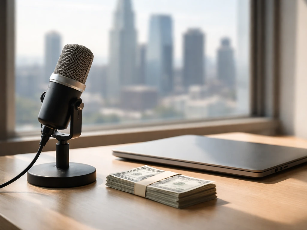 Minimal photo of a finance-themed desk with a microphone and scattered cash-like props, suggesting net-worth comparison.