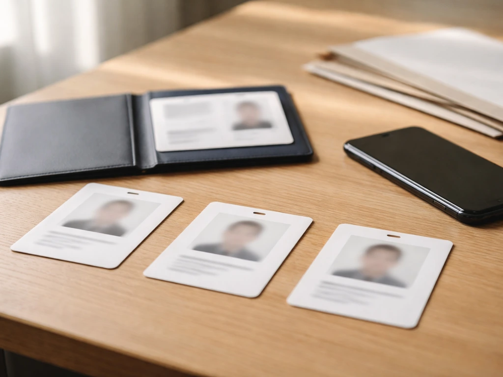 Minimal desktop scene showing multiple identity cards spread out, suggesting name ambiguity
