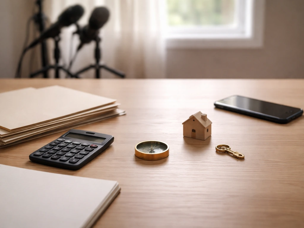 Desk scene with calculator, blank notebook, folders, and microphones symbolizing salary, property, and media inputs.