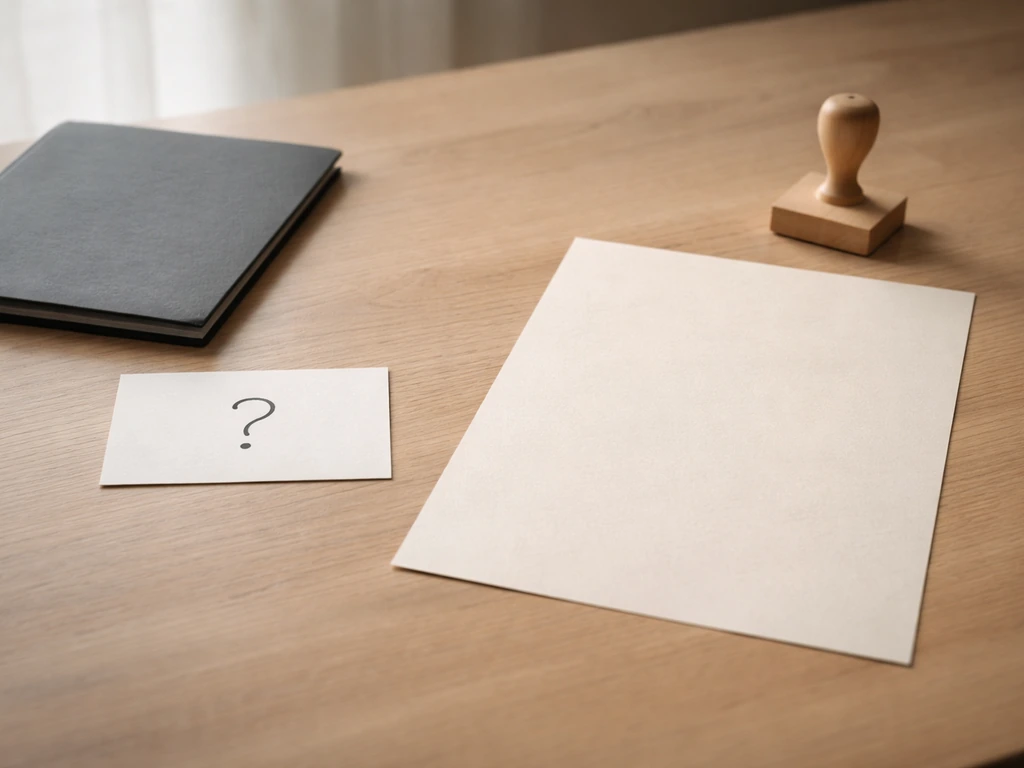 Minimal desk scene with a closed folder and a small question mark card indicating unknown investments