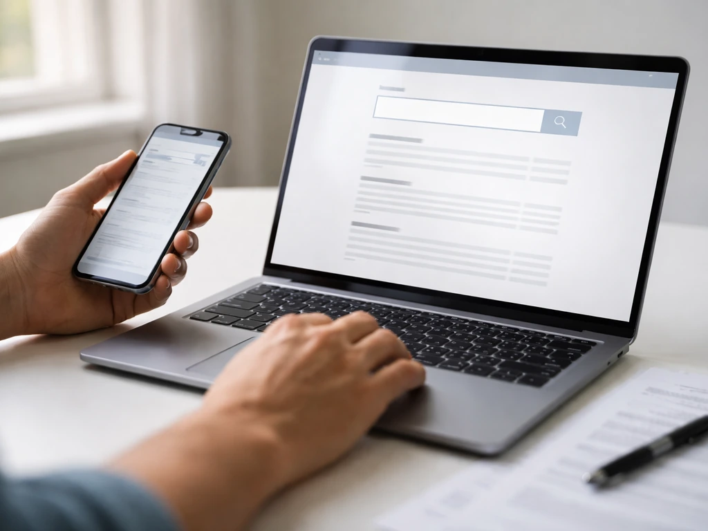 Hand hovering over a laptop showing a county property record search interface, with documents nearby.