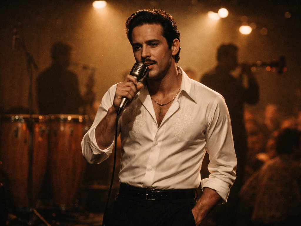 Vintage salsa singer on a warm concert stage holding a handheld microphone, archival film-grain feel.