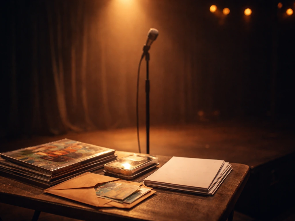 1980s-style salsa performance setup with vinyl records, microphone, and a small cash-stub prop on a stage table