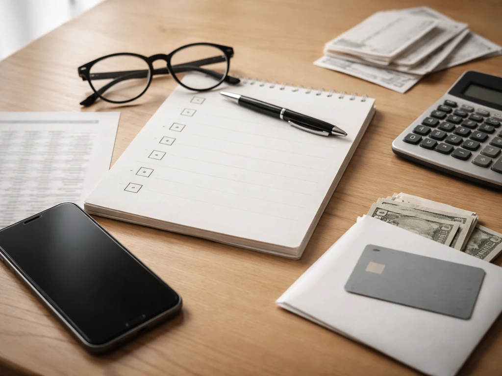 Minimal desk scene with a blank checklist page, blurred paperwork, calculator, and smartphone, symbolizing net worth cro