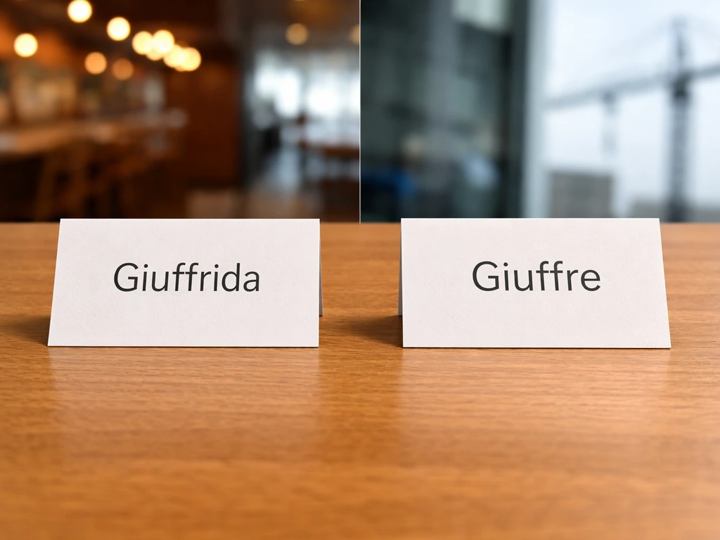Minimal desk scene with two separate name cards showing different spellings, highlighting Giuffrida vs Giuffre