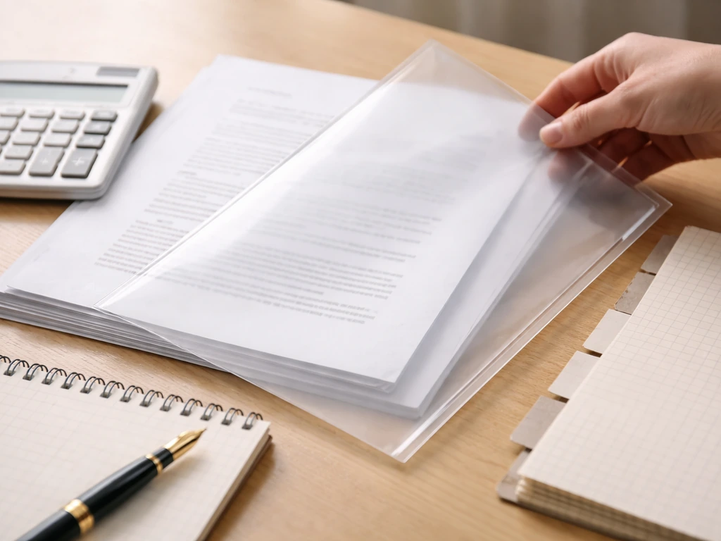 Close-up desk scene with documents and calculator arranged to imply evidence-backed net worth calculations.