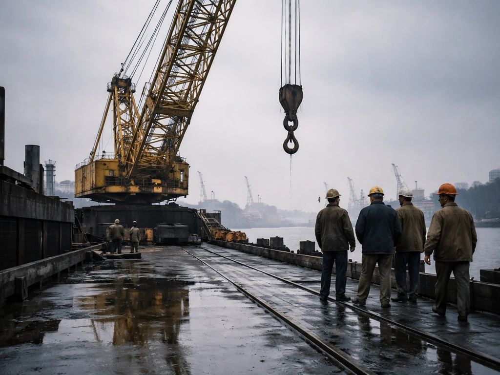 Vintage Milwaukee crane operations scene with an old industrial dock and an anonymous crew working