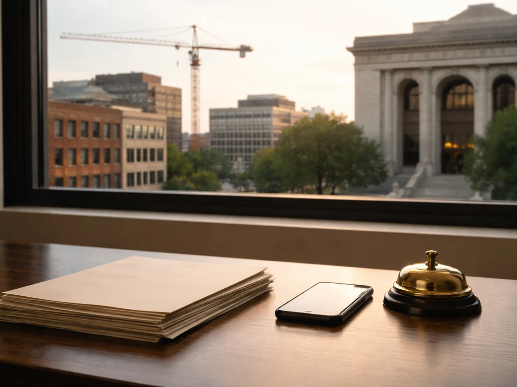 Desk with blank documents, smartphone, and a crane view over downtown buildings suggesting reinvestment and transfers