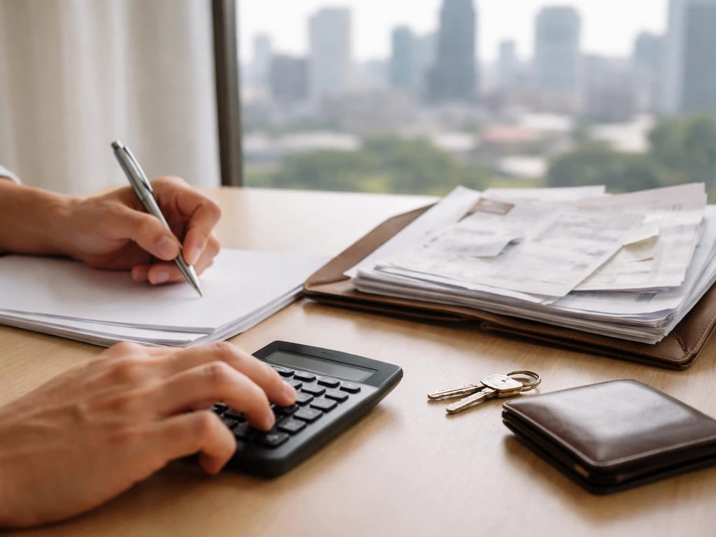 Close-up of hands working at a desk with papers, a calculator, and a blurred city view through window
