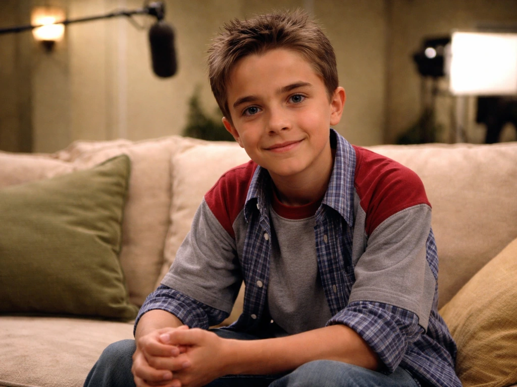 A young boy dressed for a 2000s sitcom set, seated on a studio prop couch with production gear behind.