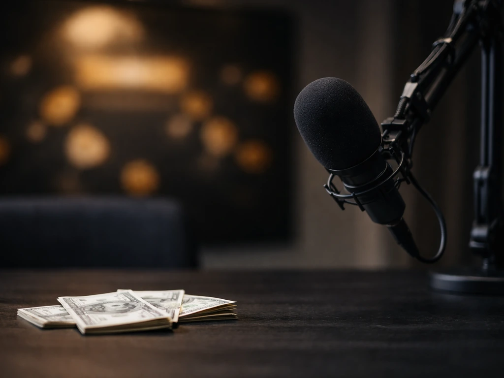 Media studio backdrop with a gold-toned sponsor backdrop and cash-like props on a desk