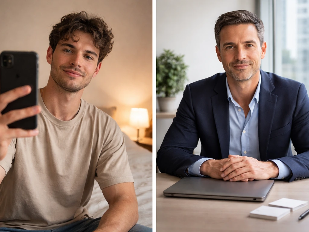 Split-scene image showing a young TikTok-style creator vibe versus a separate business entrepreneur desk setting.