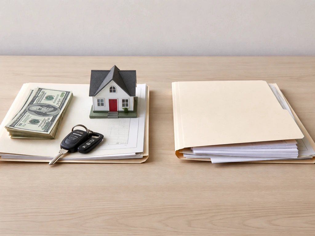 Minimal tabletop split showing assets items on one side and loan/payment documents on the other.