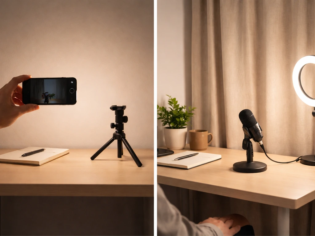 Split before-and-after desk setup: basic phone recording left, upgraded mic and studio-lite lighting right.