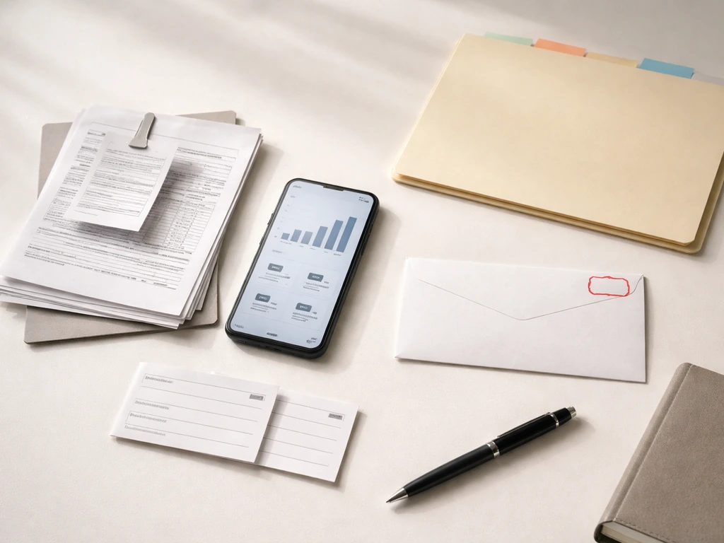 Minimal desk scene showing creator income papers and a phone with generic analytics beside loan folders.
