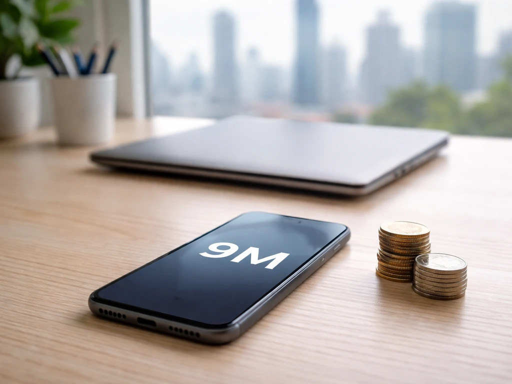 Minimal office scene with a smartphone showing a generic net-worth number and a subtle finance theme